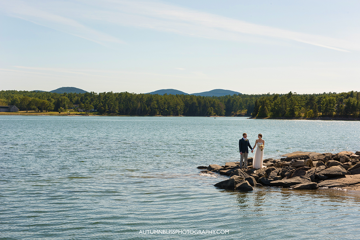 Scenic View of Oceans and Mountains and Newlyweds Holding Hands